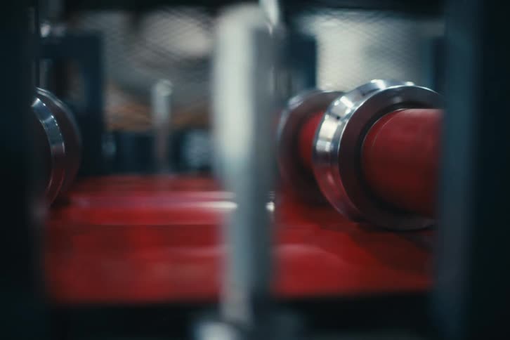 Close-up panning shot of a red cable moving through an industrial machine on a production line