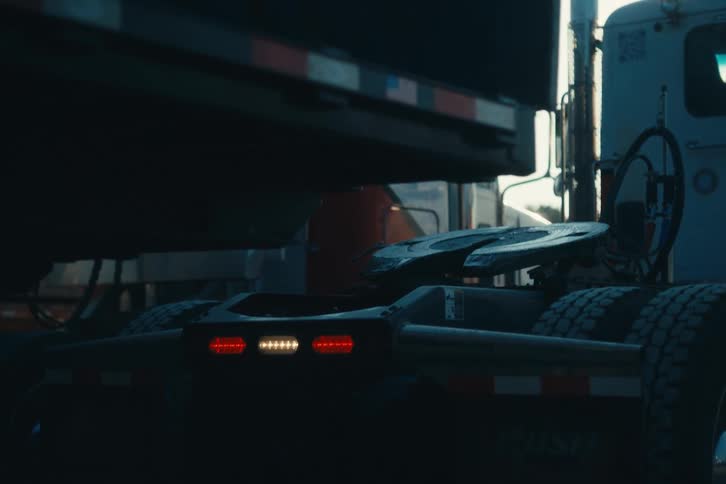 A slow pan reveals a semi-truck's fifth wheel and flashing tail lights as the sun sets at a truck stop