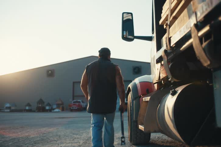 In slow motion, a truck driver walks with a tool across a gravel yard towards his semi-truck at sunrise
