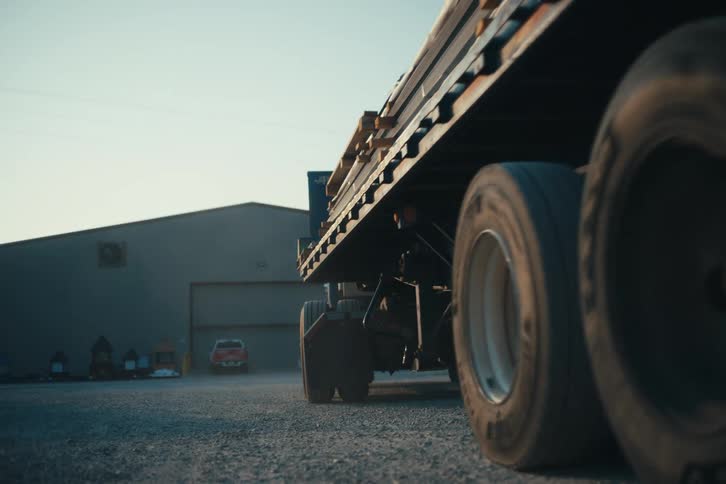 A loaded flatbed semi-truck with an attached forklift pulls away from an industrial warehouse in the early morning light