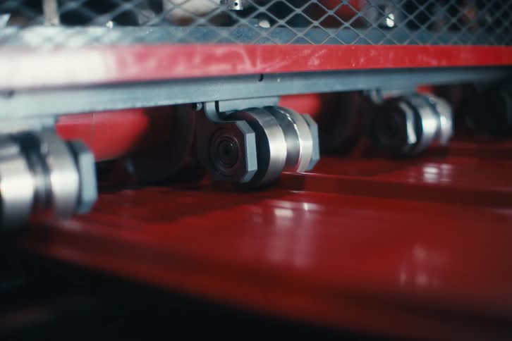 Red metal roofing panels are manufactured on an automated industrial machine