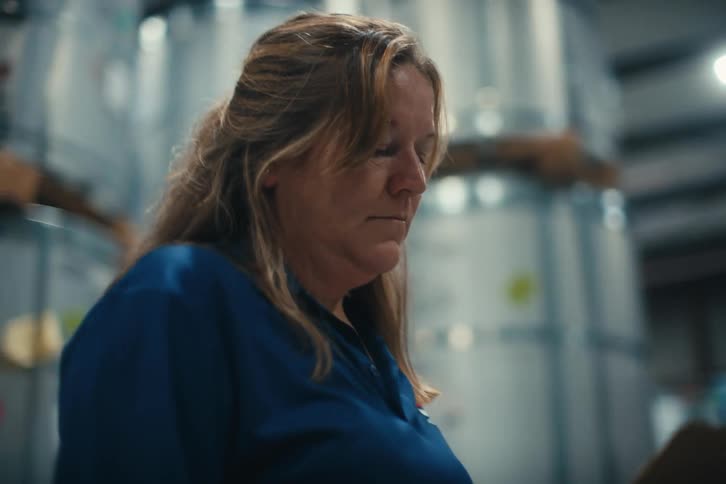 A female warehouse employee in a blue uniform uses a clipboard to take inventory of stacked industrial containers