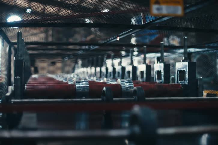 An automated industrial conveyor belt with red rollers operates on a manufacturing assembly line