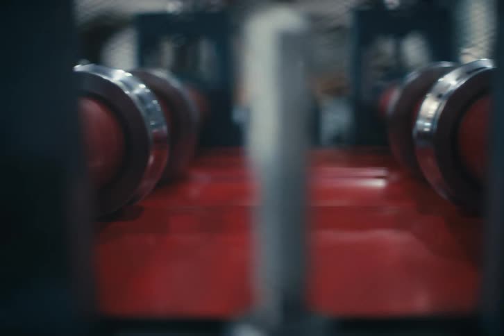 Close-up shot of a red metal forming machine bending a steel sheet on a production line