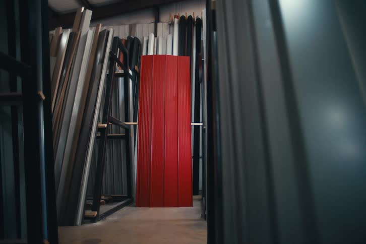 A slow dolly shot reveals a bright red metal siding panel standing out amongst other metal materials in an industrial warehouse