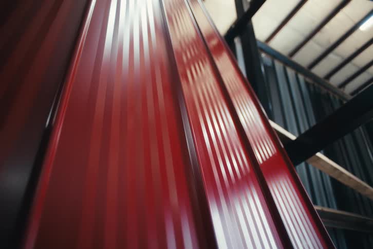 Abstract shot of shiny red corrugated metal siding panels inside an industrial building