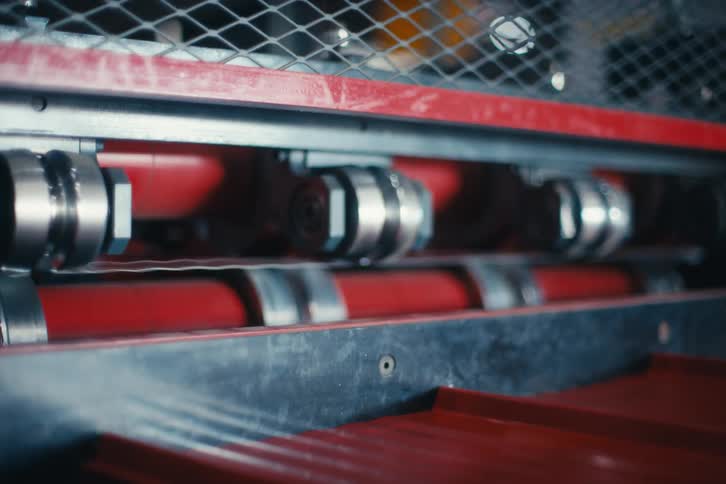 Close-up of a roll forming machine shaping red metal roofing sheets in a factory