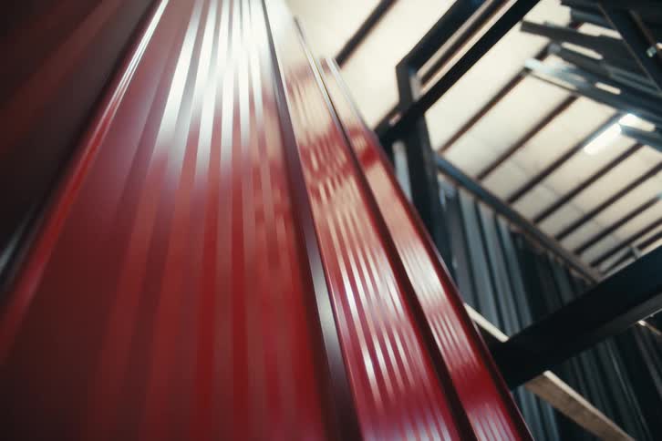 A low-angle close-up shot of stacked red corrugated metal sheets in a warehouse