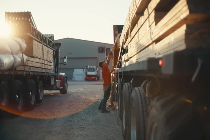 A truck driver works at sunrise to secure a heavy load of lumber onto a flatbed semi-trailer with tie-down straps