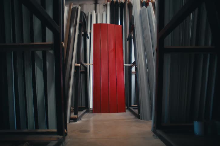 Red corrugated metal panels are stored vertically in a dark industrial factory setting