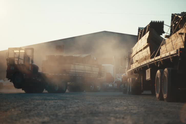 Dust kicks up from a gravel lot as semi-trucks and a forklift move around an industrial lumber yard at golden hour