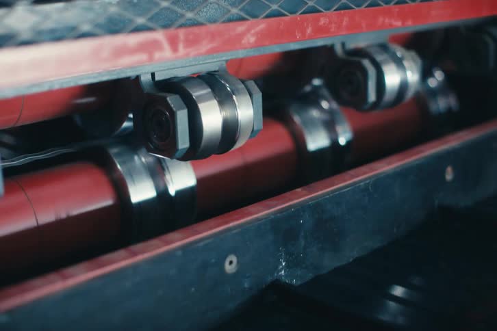 A detailed view of a metalworking machine with rollers processing shiny black steel on a production line