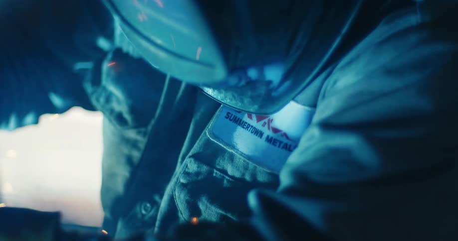 A welder in protective gear meticulously works as sparks fly in dramatic slow motion