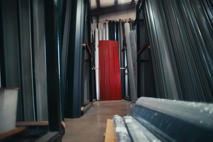 A slow dolly out shot reveals rows of colorful metal siding neatly organized in a large industrial warehouse