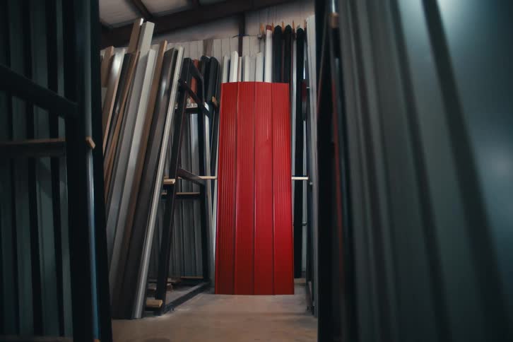 Slowly pulling back from a bright red corrugated metal panel standing amongst other neutral-colored panels in a warehouse