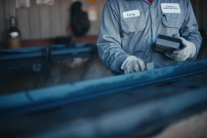 A factory worker meticulously smooths the edge of a steel beam with a sanding block in an industrial workshop