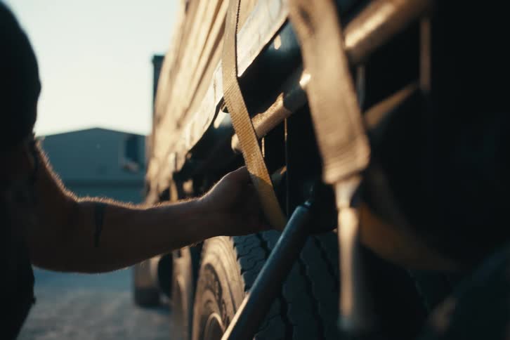 Close-up of a male truck driver using a winch bar to tighten a yellow cargo strap on a semi-truck trailer