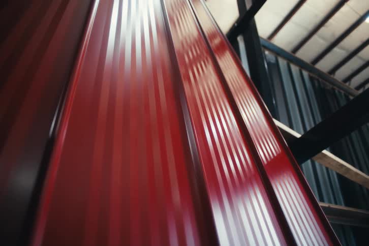 Close-up of shiny red corrugated metal sheets stacked in a warehouse
