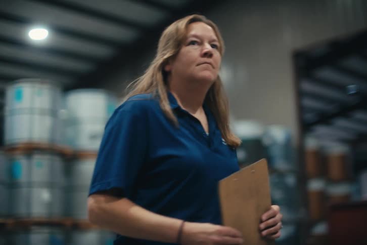 A woman with a clipboard walks through a large industrial warehouse in slow motion while inspecting rolls of sheet metal