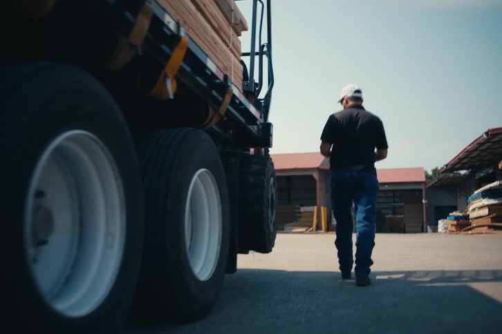 A worker in a cap and jeans walks beside his lumber-loaded flatbed truck in slow motion at a sunny lumberyard