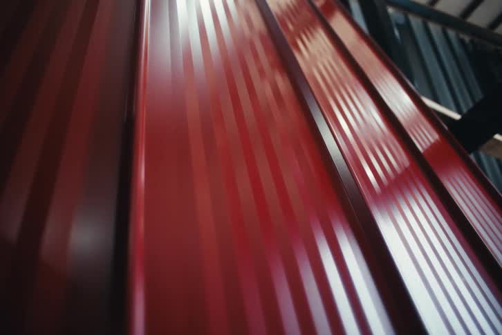 A low-angle close-up shot shows the texture and reflections on a sheet of red corrugated metal in an industrial setting