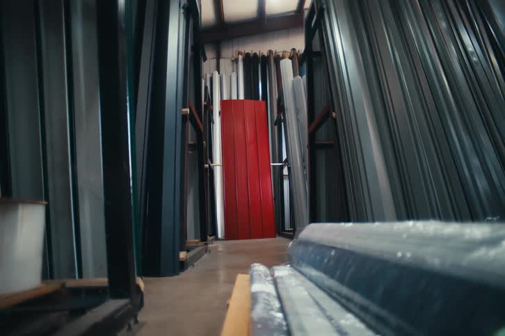 Red metal panel stands out amongst other colors of siding stored on racks in a workshop