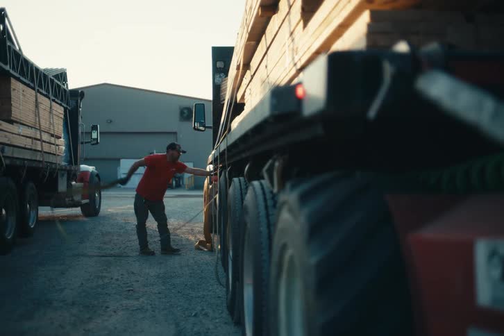 A truck driver throws a heavy-duty strap over his flatbed trailer to secure a large load of lumber for transport