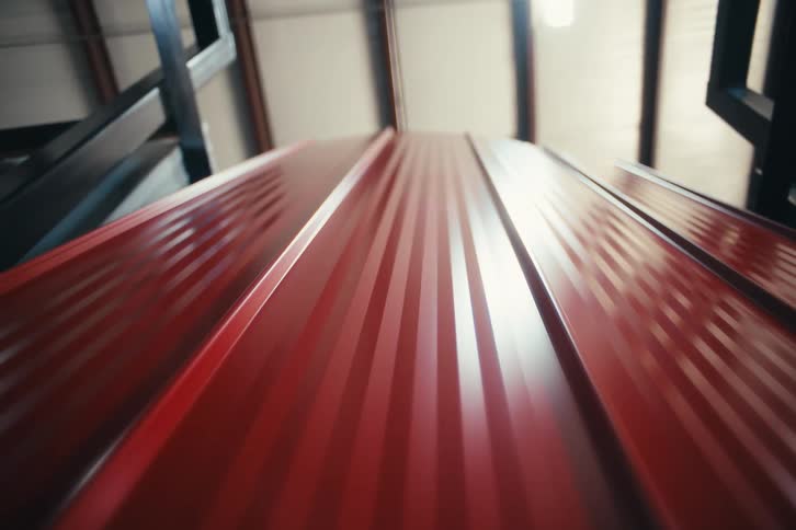 A low-angle close-up of red corrugated metal roofing sheets stacked on a rack inside a warehouse