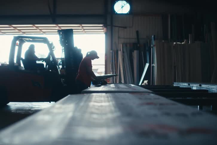 Silhouetted worker sands a long beam in a dimly lit factory with a forklift operating in the background