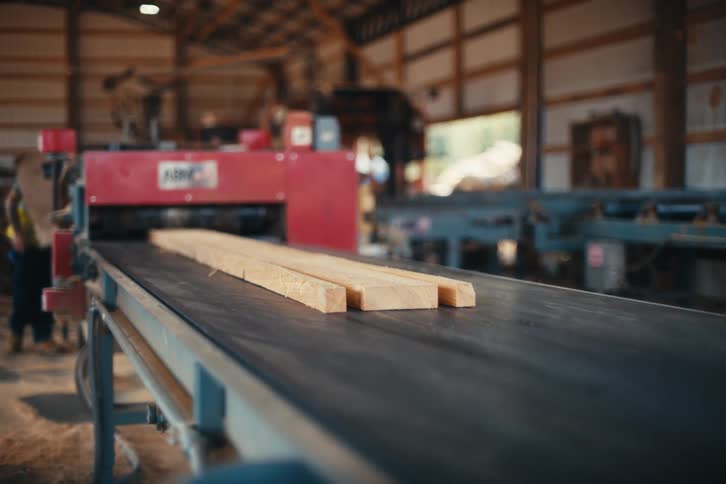 Sawn timber travels down a production line on a conveyor belt at a lumber mill