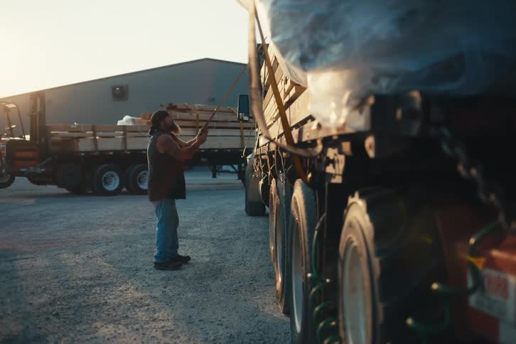 A hardworking truck driver uses a winch bar to secure a heavy load onto his flatbed semi-truck in an industrial yard at sunrise