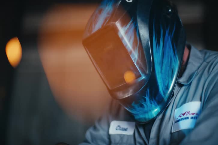 Cinematic slow motion shot of a welder at work, with sparks flying from the torch as they fuse metal together in a workshop