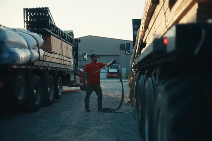 A truck driver skillfully throws a tie-down strap over a flatbed truck loaded with lumber in a yard at sunset