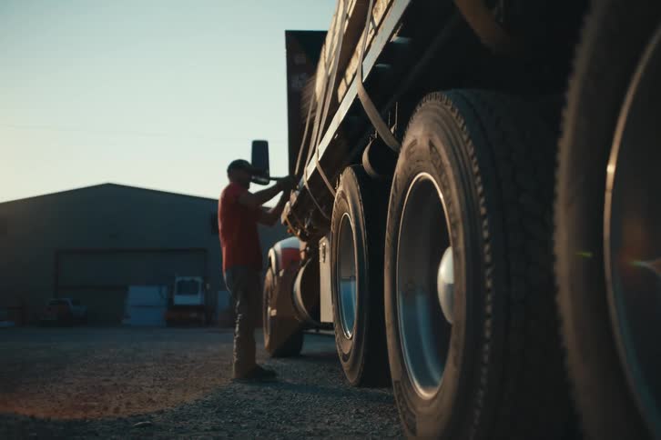 A blue-collar worker secures the cargo on his semi-truck with straps in a gravel yard during a beautiful sunrise