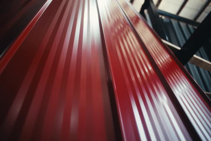 A close-up dolly shot of shiny red corrugated metal sheets moving slowly in a warehouse