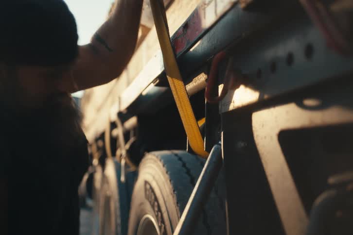 In slow motion, a bearded truck driver uses a winch bar to tighten a yellow cargo strap, securing the load on his flatbed trailer