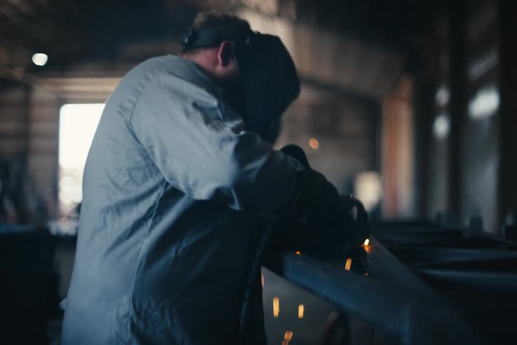 Slow-motion shot of a welder in a protective mask joining metal beams, with bright sparks flying in a dimly lit workshop