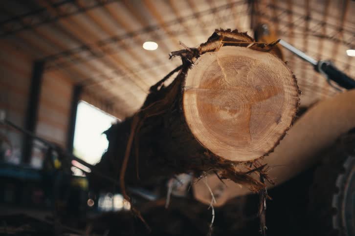 A low-angle, slow-motion close-up focuses on the cross-section of a large tree log held by machinery inside a sawmill
