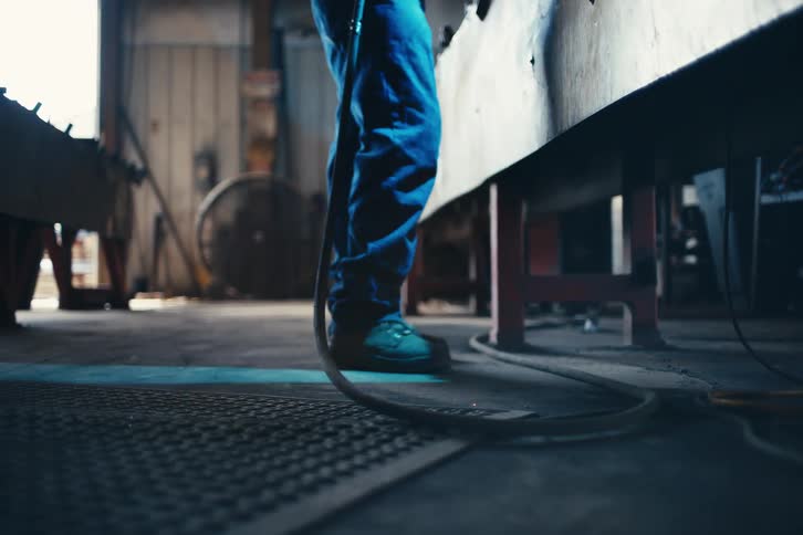 Low-angle slow motion shot of a worker grinding metal, sending a shower of bright orange sparks to the workshop floor