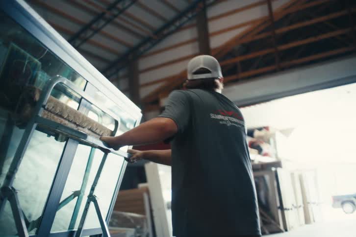 A worker pushes a large glass window on a rolling cart through a building supply warehouse towards an open door