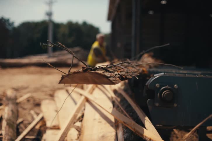 A piece of wood with bark slowly moves down an industrial conveyor belt at a sawmill with a worker in the background