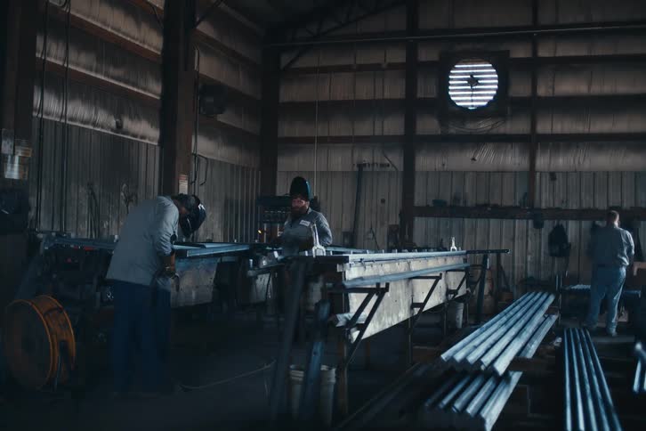 Two welders work on a long metal frame in a large, rustic industrial workshop, with one creating bright sparks