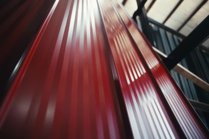 Low angle close-up of shiny red corrugated metal roofing panels stacked in an industrial warehouse
