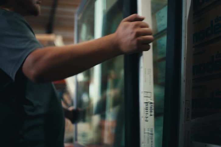 A male worker in a hat carefully moves a large glass window pane into place on a storage rack inside a warehouse