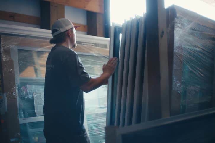 Two construction workers team up to carry a large window frame out of a storage warehouse