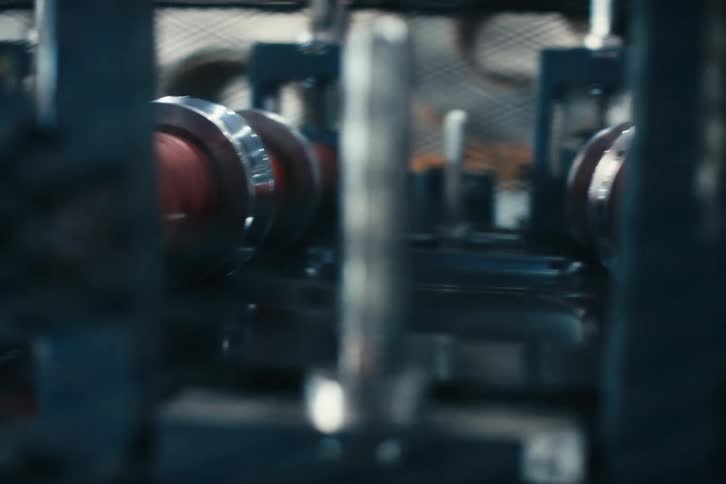 Close-up shot of a red industrial cable being processed by automated machinery on a production line