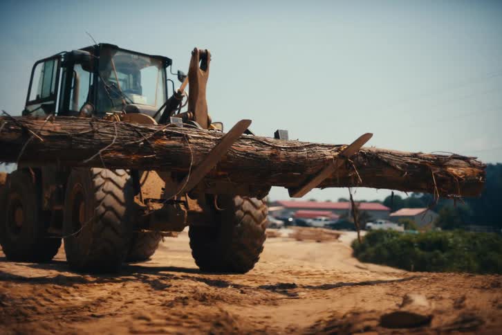 A heavy-duty wheel loader slowly transports a large log across a dusty lumberyard