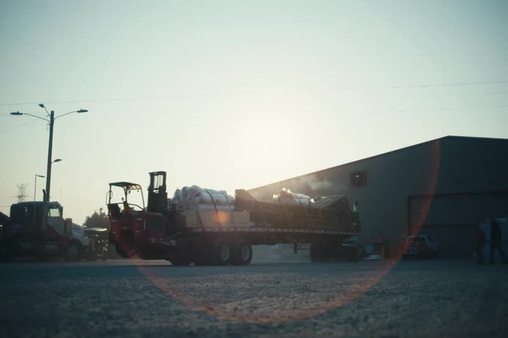 A semi-truck and forklift operate in a dusty industrial yard in front of a warehouse as the sun rises