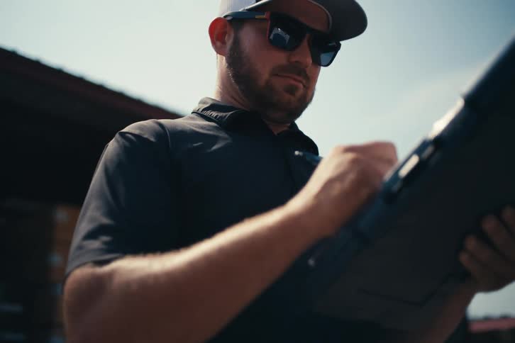 A worker in a cap and sunglasses inspects and takes notes on a ruggedized tablet next to a truck loaded with lumber