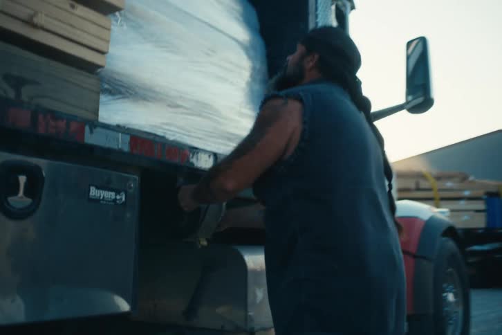A tough, bearded truck driver carefully rolls up a strap, throws it over his cargo of wood and trusses, and then climbs up the side of his flatbed truck at sunrise